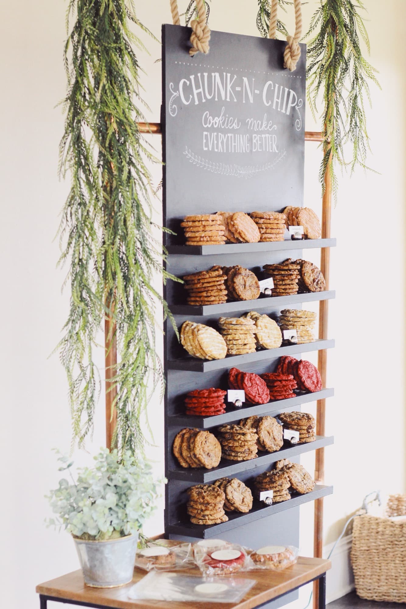 Chunk-N-Chip cookie wall with shelves of assorted cookies