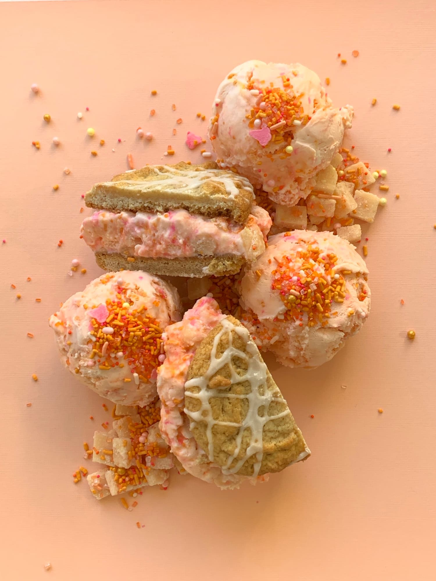 Scoops of Chunk-N-Chip ice cream with sprinkles and cookie pieces